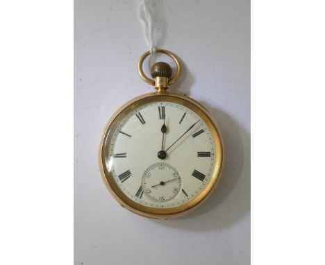 An 18ct gold button wind pocket watch, the enamel dial with roman numerals and second subsidiary dial