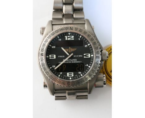 A gents Breitling Emergency watch, the bezel acting as a compass, the watch has a built in antenna to be activated in emergen