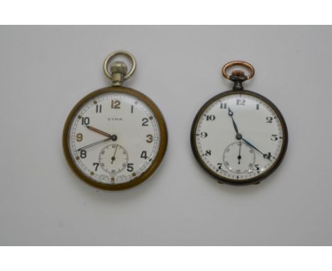 A military Cyma button wind pocket watch and one other Swiss button wind watch (2)