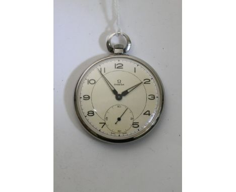 A quality Omega Crome cased button wind open faced pocket watch with a second subsidiary dial again the vendor has advice us 