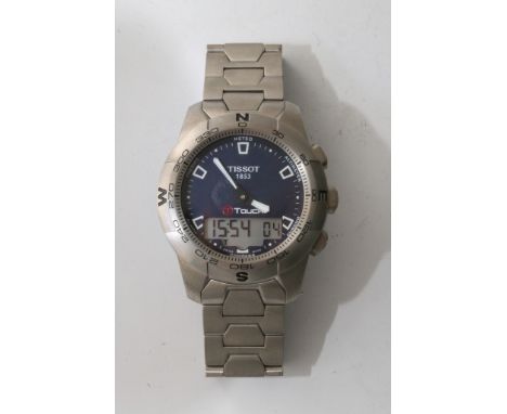 A gents stainless steel Tissot 'Touch' chronograph wristwatch with digital display, the outer bezel acting as a compass, also