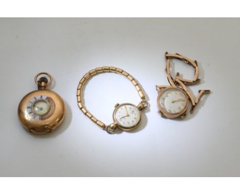Two 9ct gold ladies wristwatches and a small button wind pocket watch