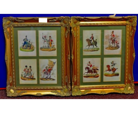 Napoleonic Period Uniforms (8) Prints in two frames including: Sixth E. Norfolk Inf, Rifleman, 1st Life Guard etc. Excellent 