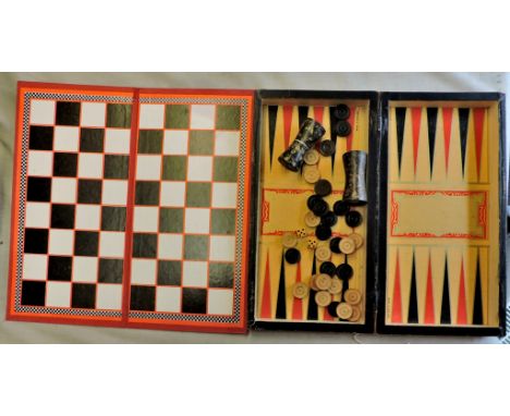 A Vintage/antique games box for backgammon, draughts etc, designed as a pair of books for storage. ~Paper mache' shakers - a 