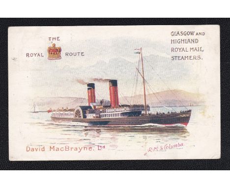 Great Britain Glasgow and Highland Royal Mail Steamer R.M.S. Columba postcard by David MacBrayne Ltd. "The Royal Route", used