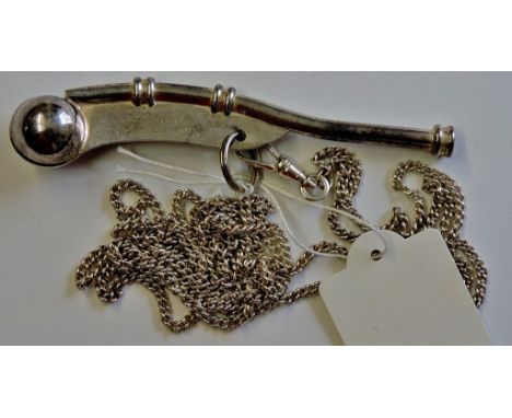 Bosuns Whistle given to Skipper Jim, Jan 1997 by the R.N.A. Ipswich, white metal with lanyard chain. In its original gift box
