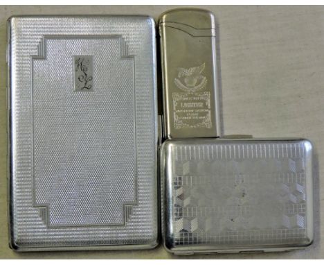 Smoking - Cigarette Cases (2) & a Lighter  Two nice machine turned cigarette cases and one slim gas lighter 1960-1970's.