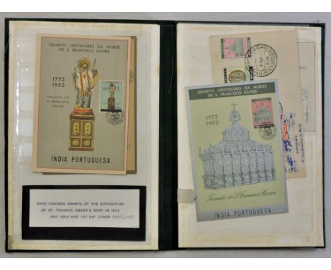 Portuguese India  A folio with a range of early issues up to 1950's, also 1952 St. Francis Xavier set on first Day Cover, ano