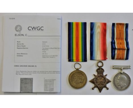 British WWI 1914 - 15 Trio S/721 Sjt. C. Elston, The Queen's who was KIA 1st July 1916, the worst day in the history of the B