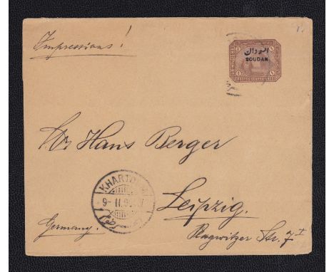 Sudan1890 Wrapper with Stationary 'Soudan' on Egypt 1 millieme used Khartoum to Leipzig. Clean item