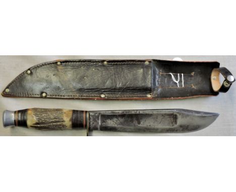 British Marbles Air Crew Bowie Knife with stag handle, WWII Serial number stamped into the leather