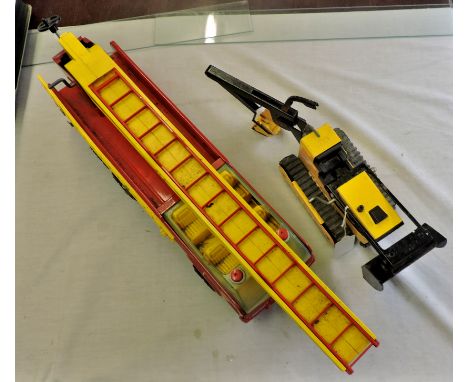 Tonka Fire Engine with extending ladder (16" length) and Caterpillar Digger. (2)