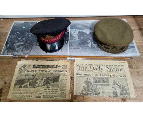 A WW1 Royal Welsh Fusiliers swagger stick with silver top and silver collar together with a Salvation Army cap, another milit