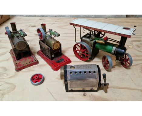 Mamod steam tractor, two static engines and a boiler. 