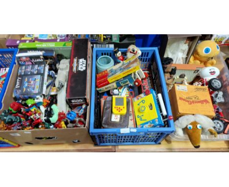 Three boxes of assorted toys to include Star Wars micro machine, boxed model motorcycles, marbles, Action Man, Wallace &amp; 