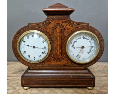A French inlaid mahogany mantle clock with barometer.&nbsp;Condition - clock not currently running, barometer appears to be w