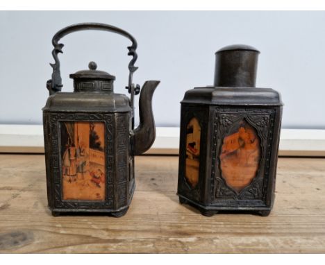 A set of two antique Chinese pewter tea caddy and teapot, both with reverse glass painted panels depicting various scenes. 