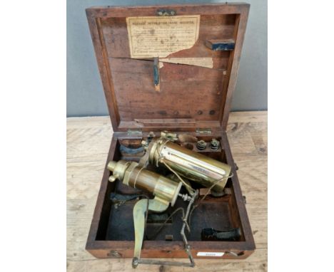 An steam engine indicator stamped Elliott Brothers patent 6774, in a wooden chest labeled Richards patent steam engine indica