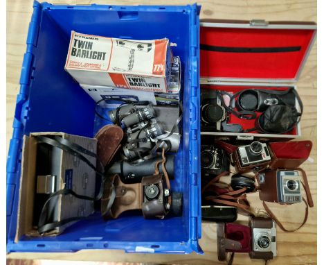 A box of various cameras and accessories to include a Pentax K 1000 in case with accessories, a Sankyo 8 video camera, a Ilfo