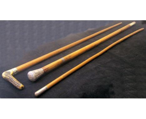 A Malacca Cane with silvered metal mounts, a Military Swagger Stick, and a horn handled Walking Cane.