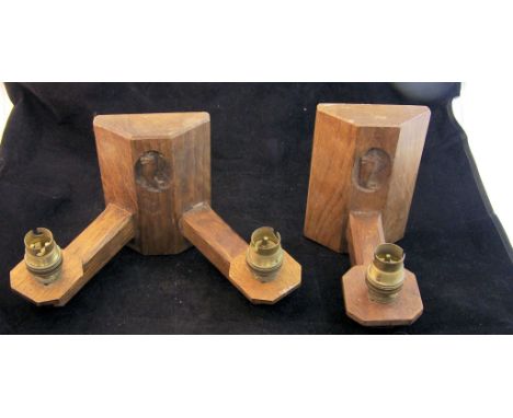 An oak two branch Wall Light by Derek "The Fishman" Slater, with carved fish signature, 6" (15cms) high, and a matching singl