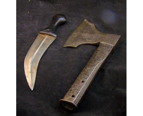 A Ceremonial Axe Head engraved with the Danish coat of arms, trailing flowers, etc., and a Indo-Persian Dagger.