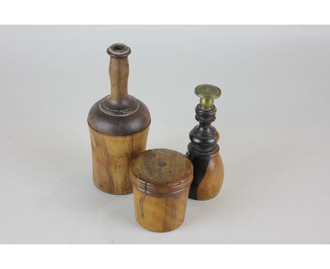 A nutmeg grater in wooden holder, a laburnum wood handled seal of an A and a trinket box