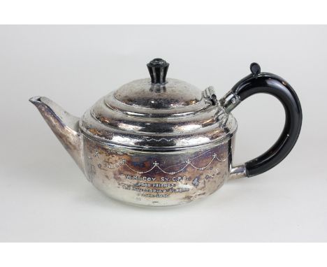 A silver plated teapot inscribed W McCoy, SY CPO from friends HMY Victoria & Albert Oct 1939, the Chef on the Royal Yacht, wi