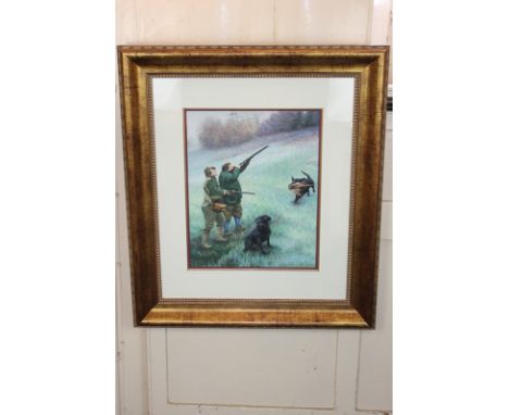Pippa Thew, contemporary, hunting scene with pheasant shooters and a pair of black Labrador dogs, watercolour, signed and dat