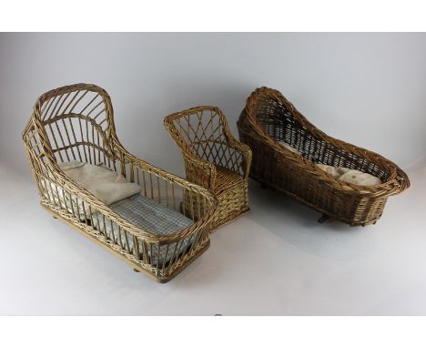 Two doll's wicker rocking cribs  a wicker chair, a folding chair with slatted seat, small burrwood stool and a miniature trun