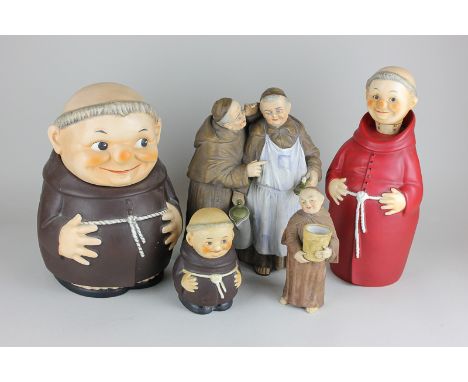 Three Goebel porcelain monks as a money box, a biscuit barrel and a decanter with six glasses underneath, together with two o
