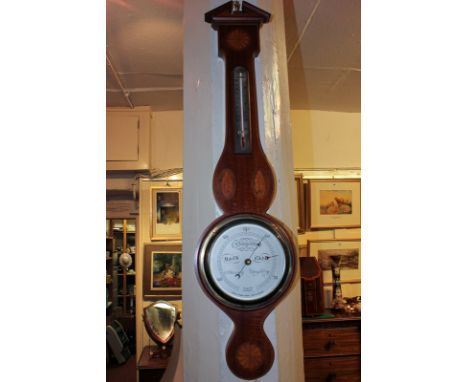 A Short and Mason, London, banjo barometer with inlaid mahogany case and shell detail, with thermometer, 86cm