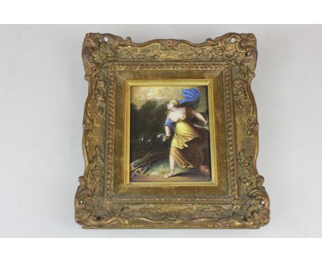 A 19th century enamel plaque, depicting a scene of a classical fable, in gilt frame