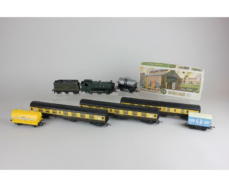 A Graham Favish 00 gauge GWR 9410 locomotive and tender with three Great Western carriages and Airfix engine shed in box, and