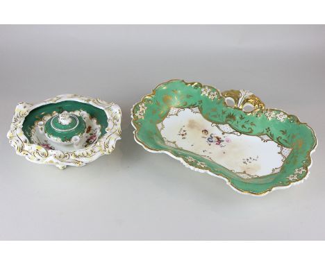 A Davenport porcelain scalloped dish in green, gilt and floral design, together with a similar inkwell and quill stand, a Roy