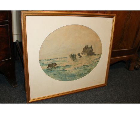 A Hulk, seascape with waved crashing on rocks, watercolour, oval mount, signed, 36cm by 43cm