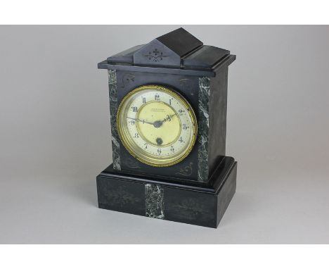 An A M Levy & Son slate mantle clock with green marbled inlay, with Arabic numerals marked Kingston on Thames, 26.5cm high