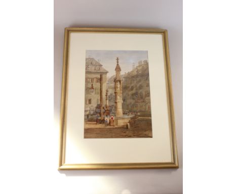 E W Storr, 19th century, Continental town square with monument and people, reverse inscribed Market Platz, Basle, signed, 35c