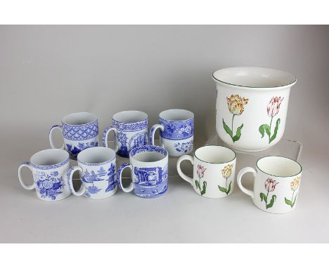 Six modern Spode blue and white mugs in 19th century designs, a Tiffany plant pot and two mugs in Tiffany Tulip design