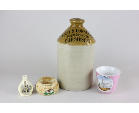 A Henty & Constable Brewers Ltd Chichester stoneware flask, a teacup depicting the Market Cross Chichester with pink and gilt