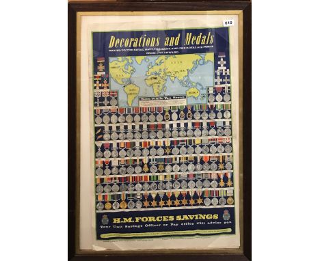A vintage framed H.M.Forces medals and decorations poster, framed size 63 x 87cm.