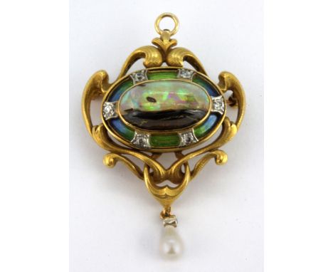 An Art Nouveau yellow metal (tested 18ct gold) enamelled brooch / pendant set with a boulder opal, pearls and diamonds, 4.5 x