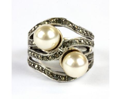 A 925 silver and marcasite pearl set ring, (O).