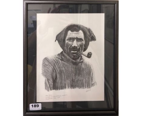 A framed pencil portrait of Tom Crean (Irish explorer 1877 -1938) member of Shackleton's Antarctic Expedition 1914-1917, fram