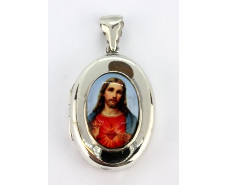 A 925 silver enamelled religious portrait locket, L. 4.5cm.