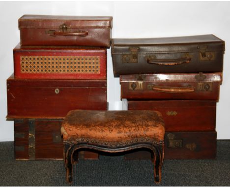 A quantity of vintage cases, wooden boxes, together with a wooden foot stool