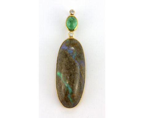 An 18ct yellow gold pendant set with a cabochon cut emerald, a cabochon cut opal boulder and brilliant cut diamonds, L. 5cm