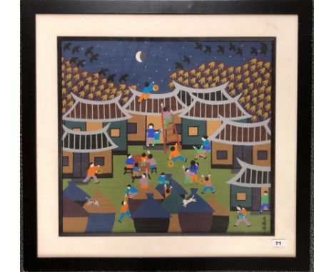 A Contemporary framed Chinese lithograph, framed size 79 x 74cm.