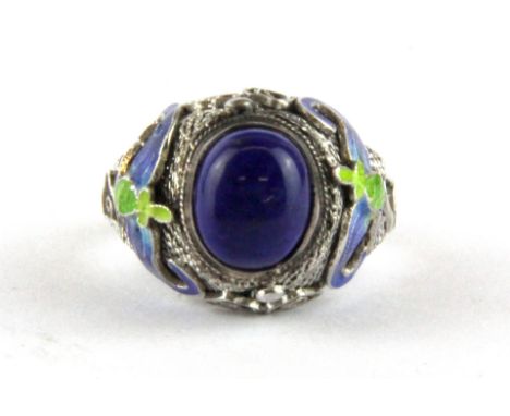 A 925 silver adjustable ring with enamel and blue stone.