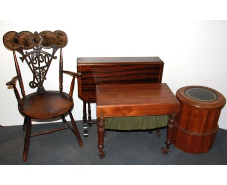 An inlaid mahogany Pembroke table, a Victorian mahogany work box, a commode stool and a small Art Nouveau armchair.